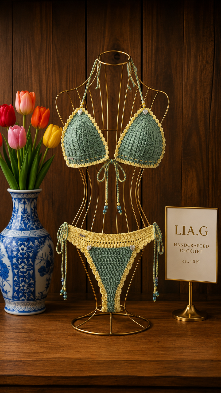 Bikini crochet verde y amarillo LIA.G con detalles de cuentas turquesa