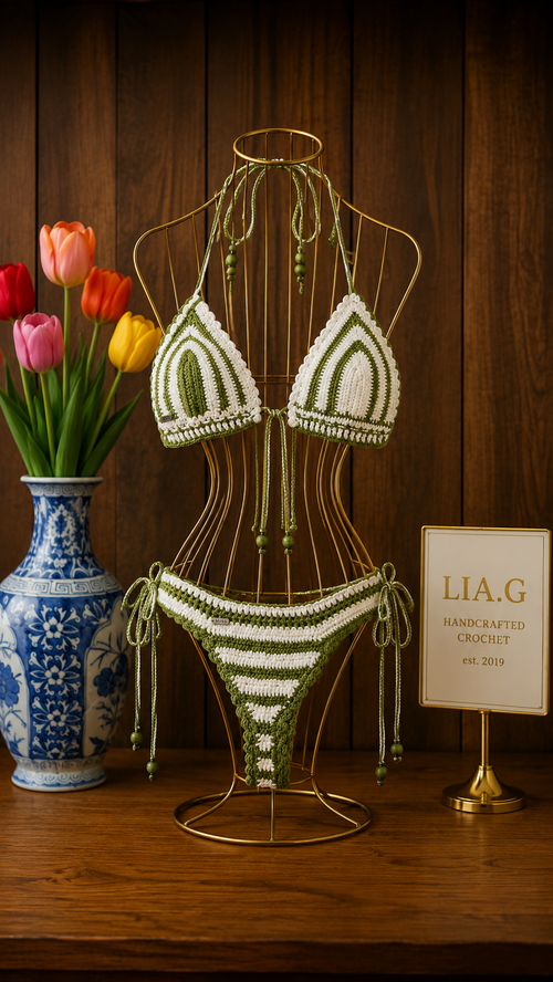 Bikini Forest crochet artesanal en verde oliva y blanco – LIA.G