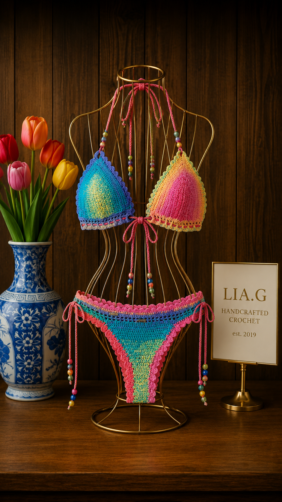 Bikini crochet arcoíris degradado LIA.G con ribetes rosas y cuentas multicolor