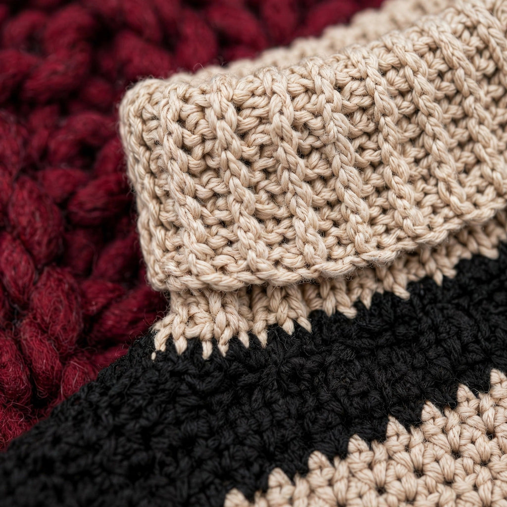 Detalle cuello alto tejido beige suéter crochet rayas