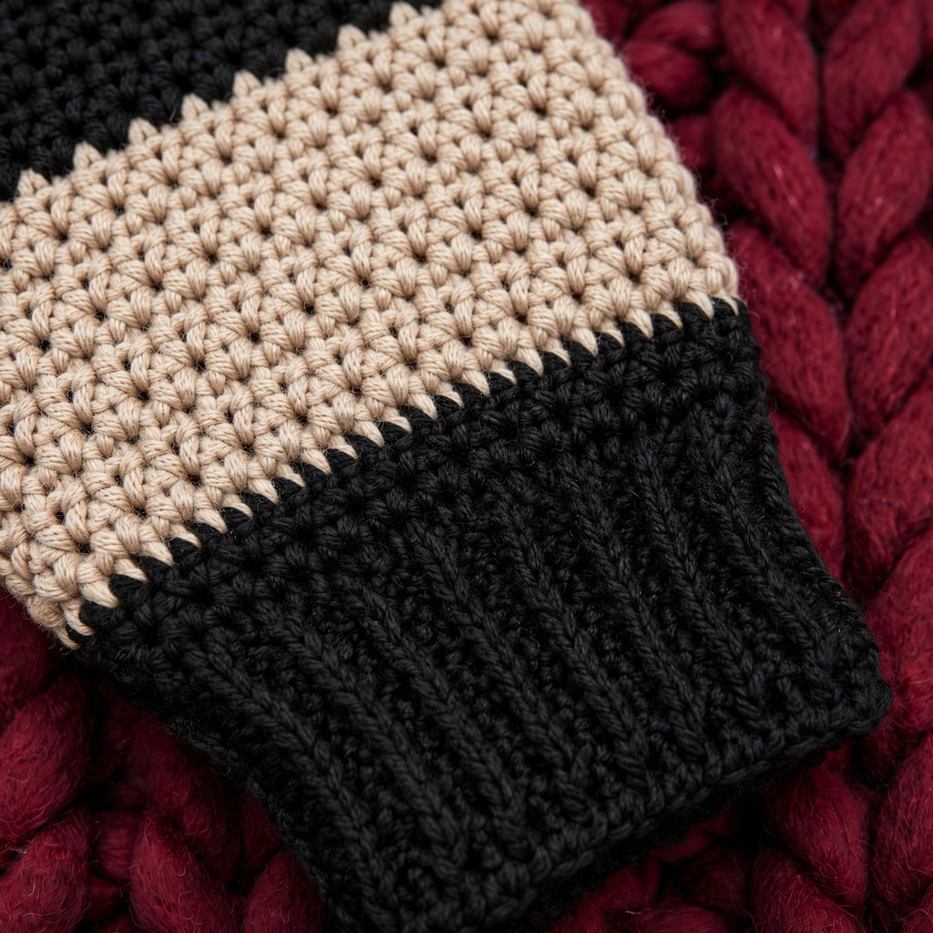 Detalle manga y puño acanalado suéter crochet rayas negro beige
