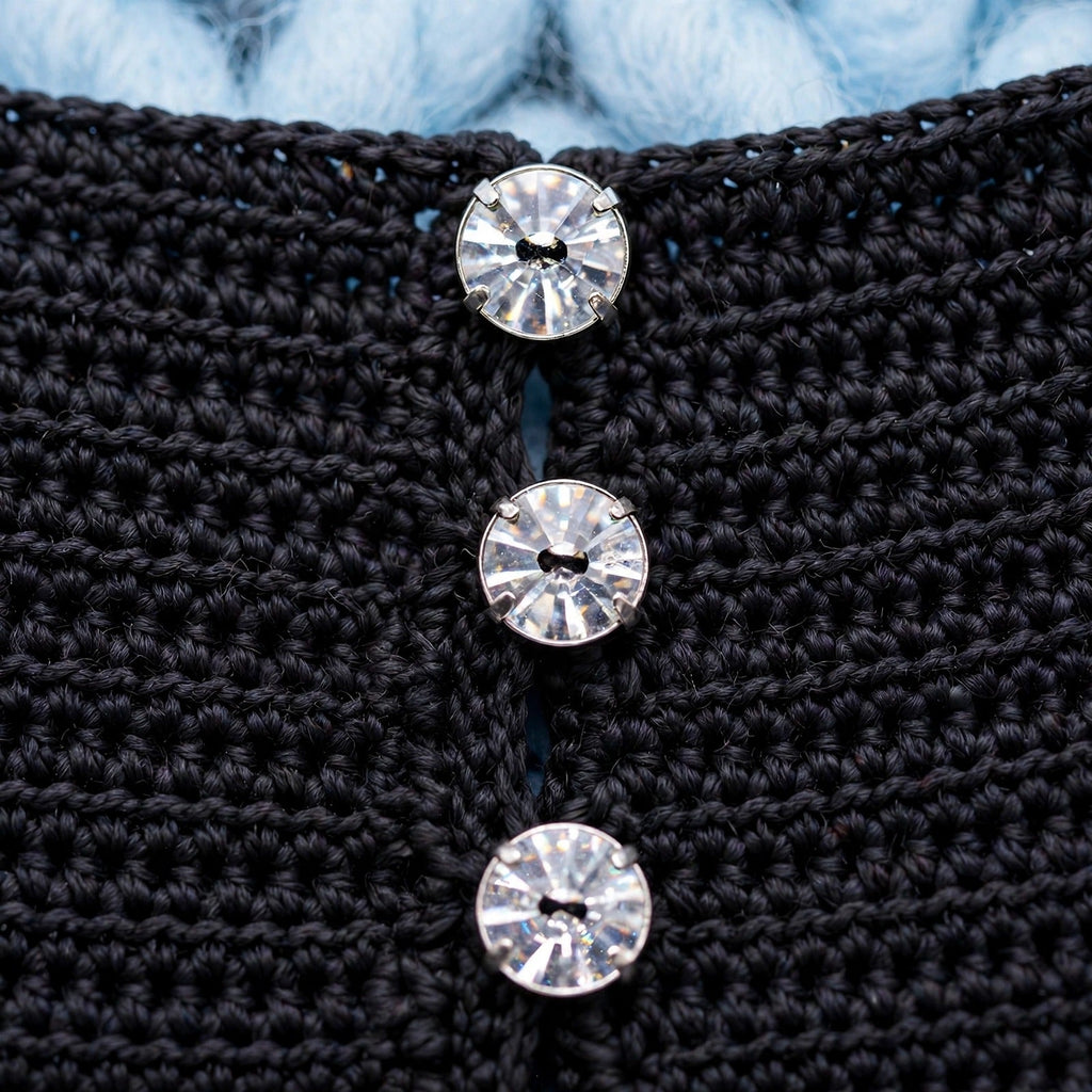 Detalle macro botones de cristal facetado en cierre frontal — Top Crochet Negro LIA.G