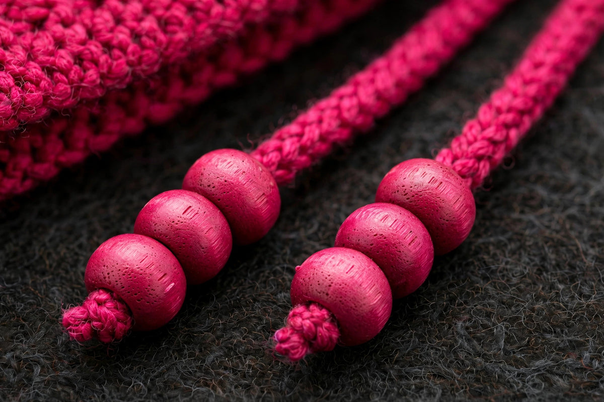 Detalle cordón con 3 cuentas de madera pintadas en tono fucsia — Magenta Bloom LIA.G