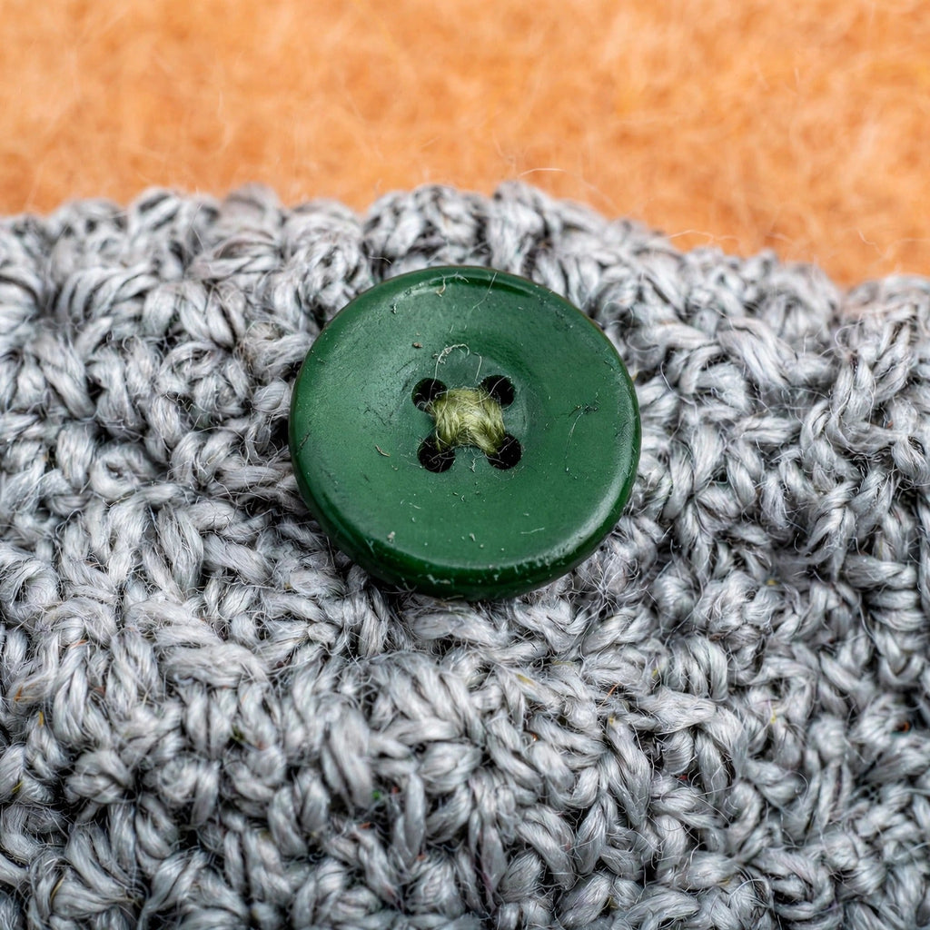 Detalle macro botón verde de 4 agujeros cosido sobre punto musgo gris jaspeado — Moss Buckle LIA.G