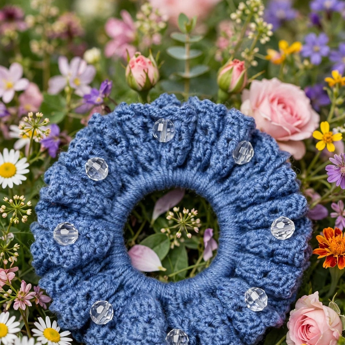Coletero crochet azul jean con cristales facetados entre flores - LIA.G