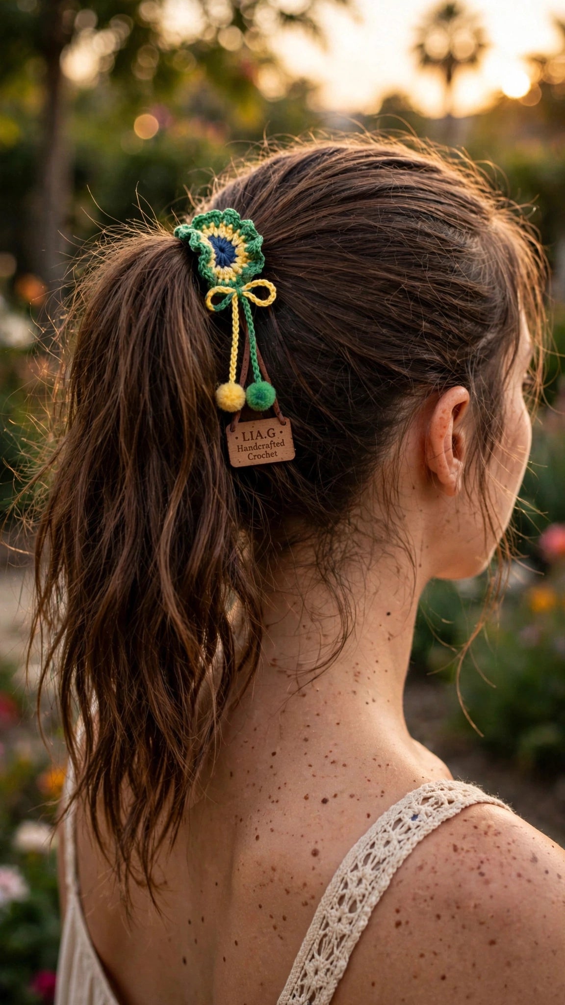 Coletero crochet Brasil en cabello con pompones colgantes - LIA.G