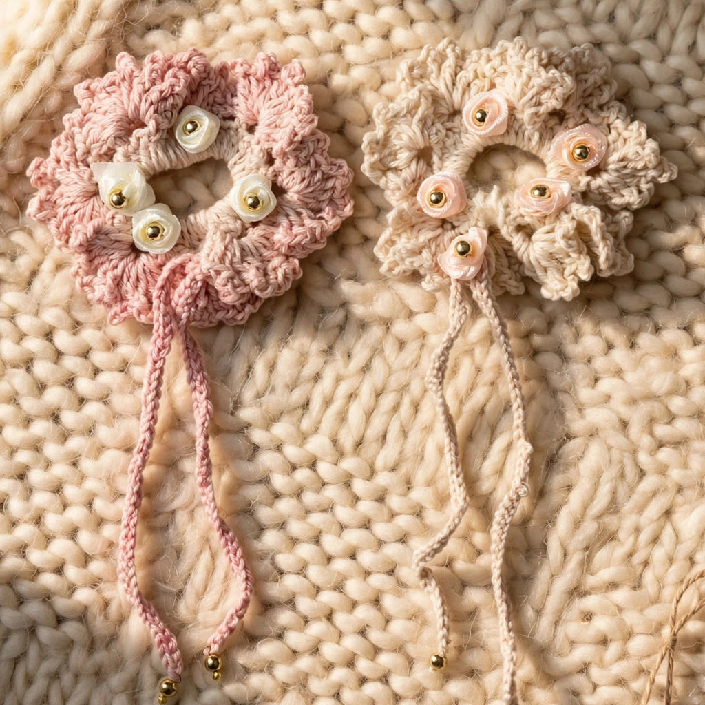 Pack dos coleteros crochet rosa y beige con rositas y cuentas doradas - LIA.G