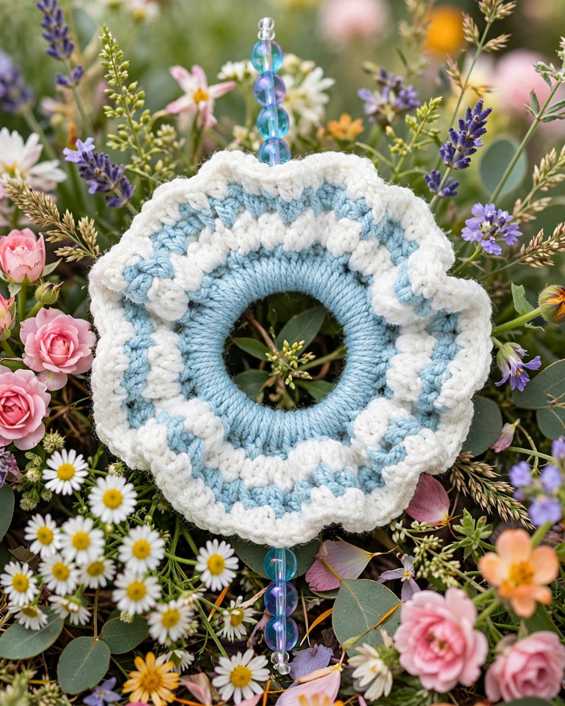 Coletero crochet celeste y blanco con cuentas cristal azul entre flores - LIA.G