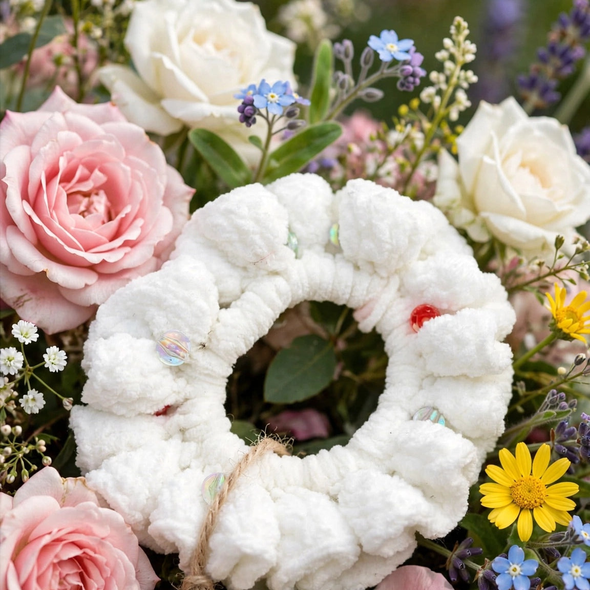 Coletero crochet peludito blanco con cuentas entre rosas - LIA.G