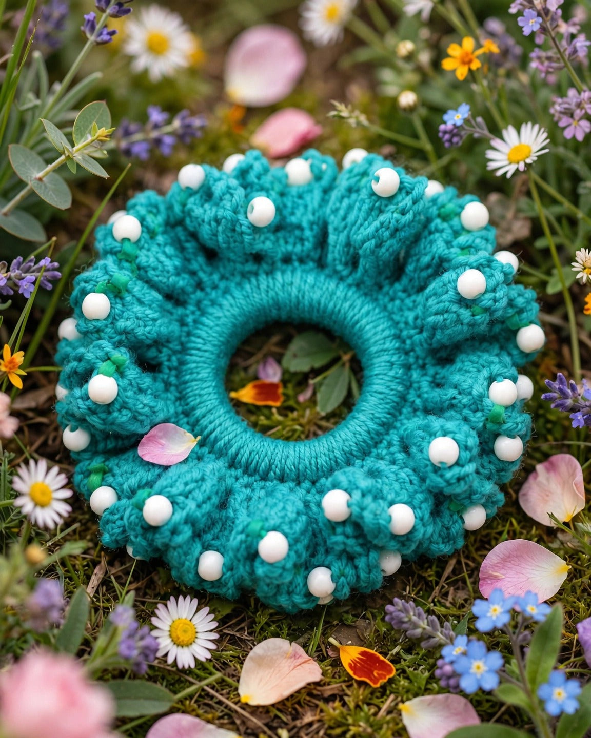 Coletero crochet turquesa con perlas blancas entre flores - LIA.G