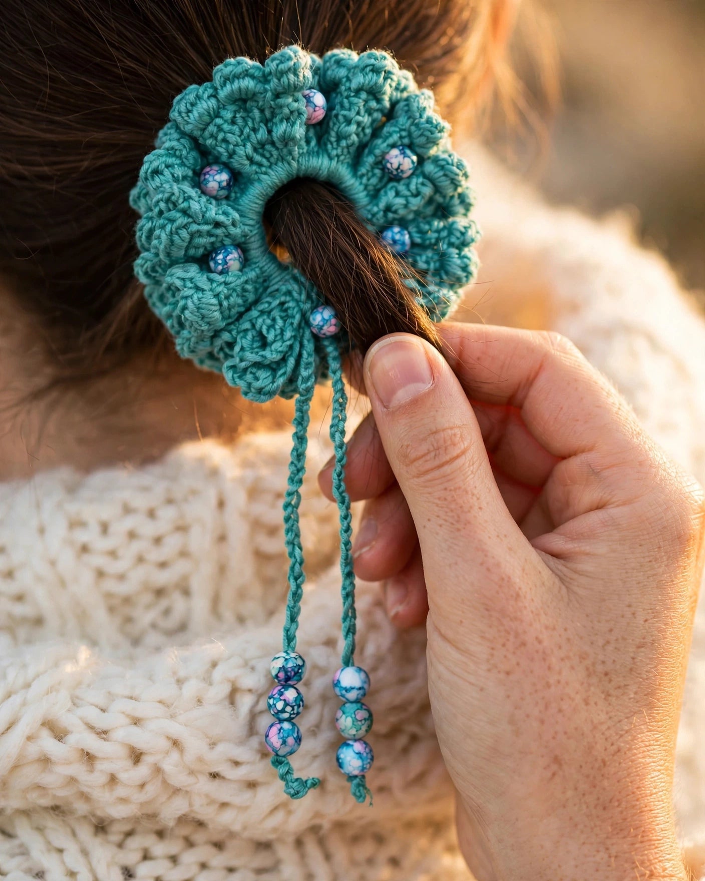 Coletero crochet verde agua con cuentas de cerámica floral en coleta baja - LIA.G
