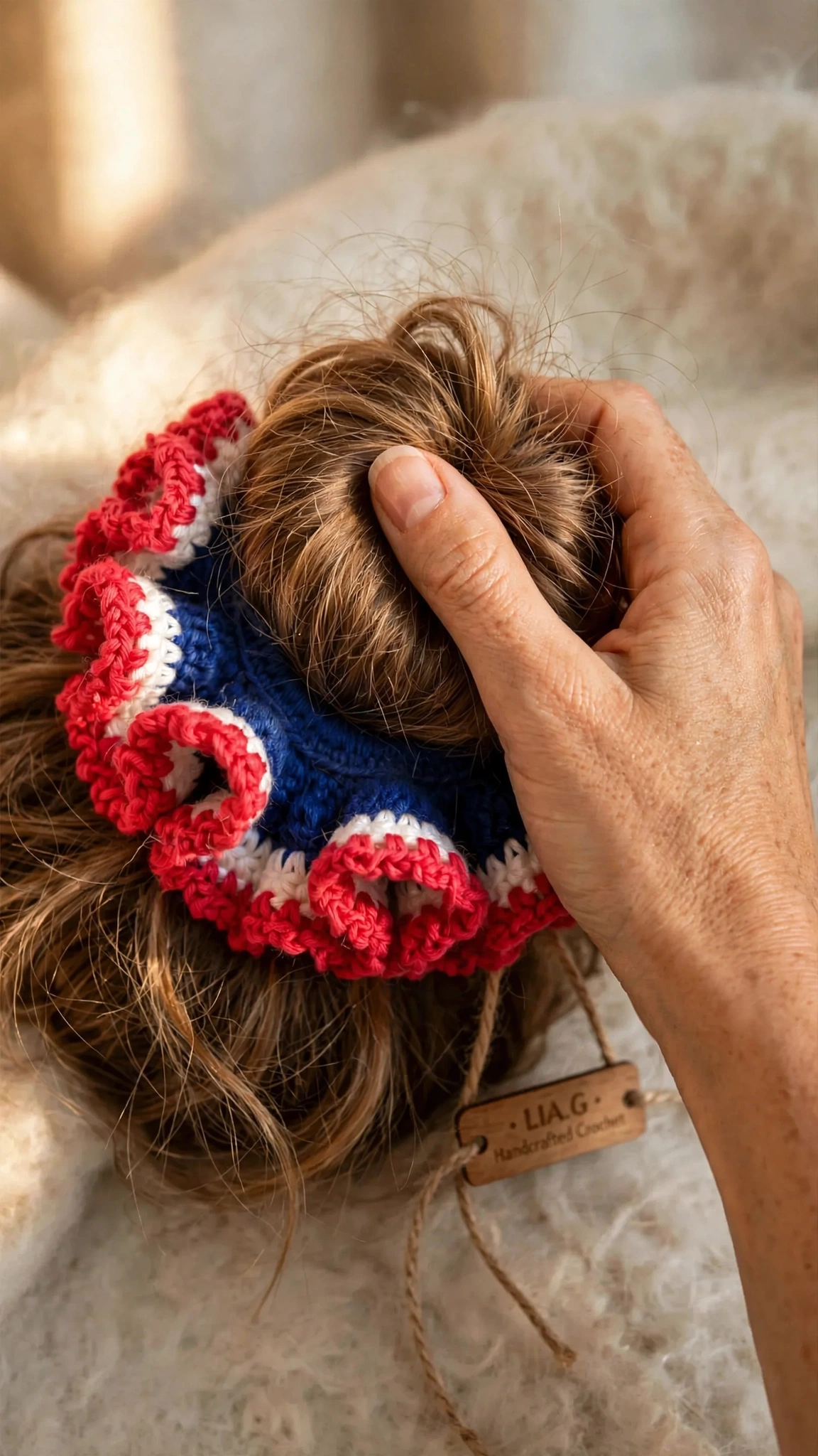 Coletero Tricolor crochet artesanal LIA.G - puesto en el pelo