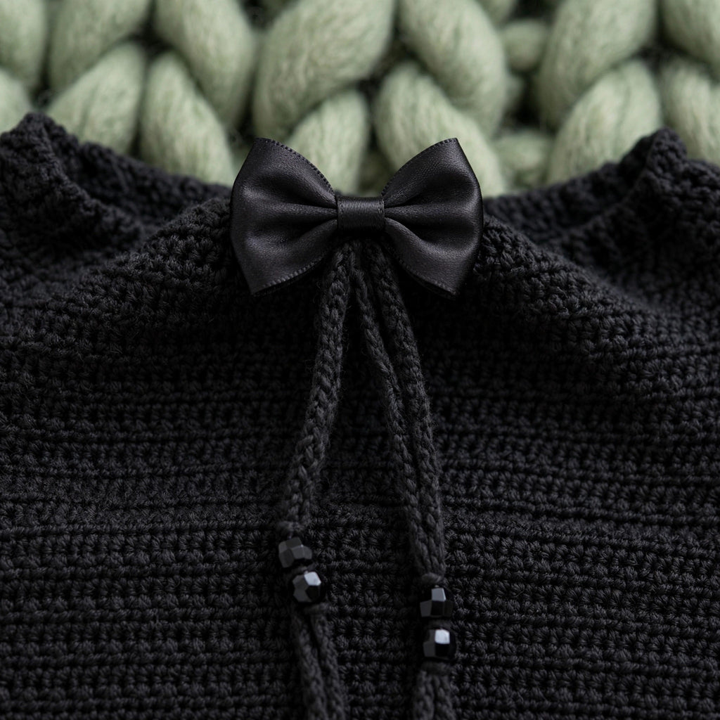 Detalle mini laón satinado negro en el centro del cuello — Top Crochet Negro LIA.G