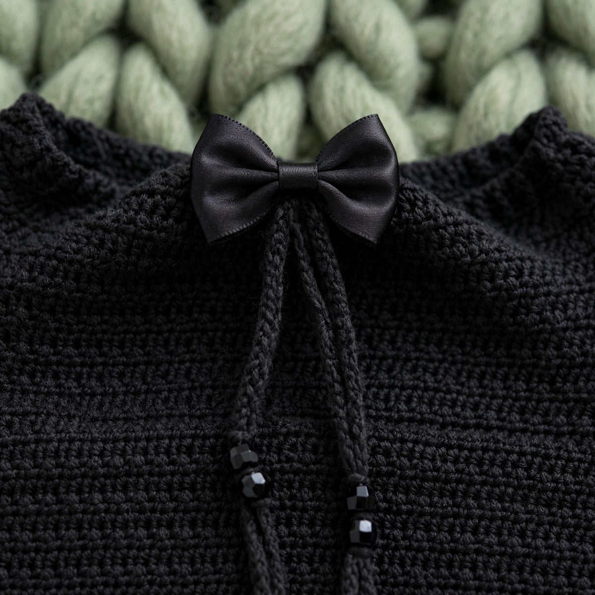 Detalle mini laón satinado negro en el centro del cuello — Top Crochet Negro LIA.G