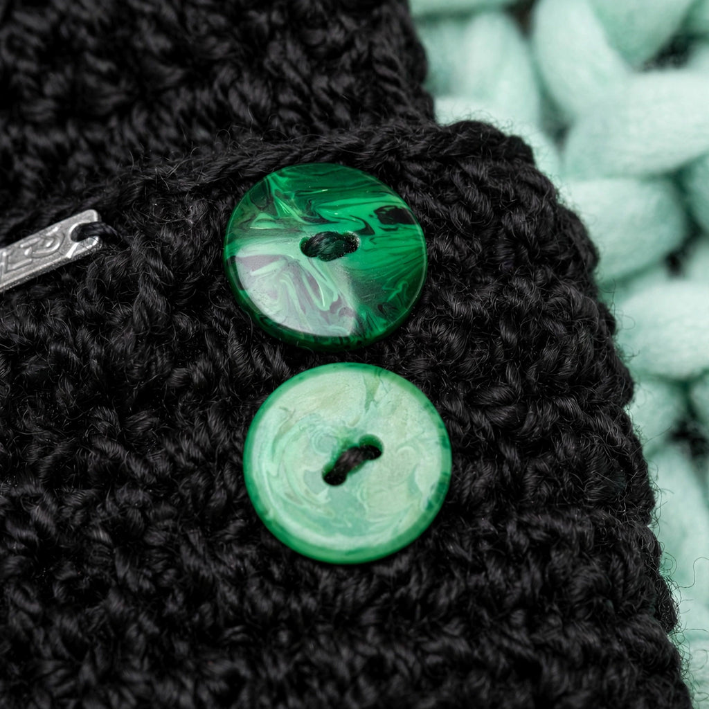 Detalle 2 botones verdes efecto mármol de distinto tamaño en puño negro — Noir Wrap LIA.G
