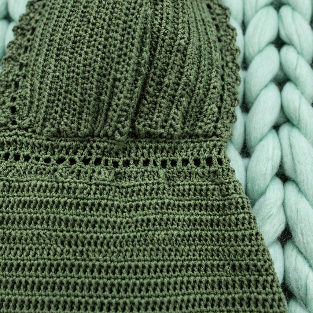 Detalle cintura calada efecto empire y transición copa-falda — Vestido Crochet Verde Oliva LIA.G