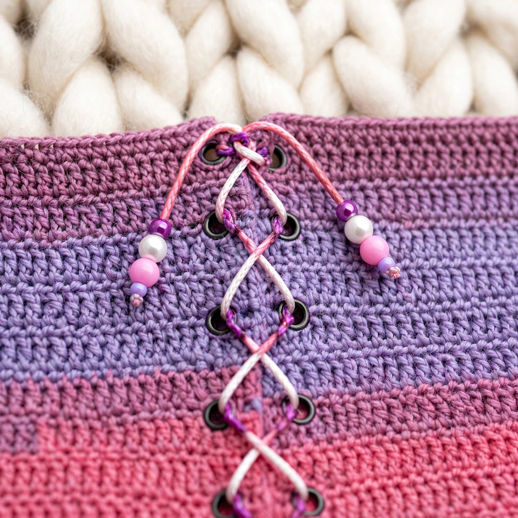 Detalle macro cierre corsé funcional trasero — ojales metálicos y cordón bicolor entrelazado en zigzag con cuentas — Dusk Stripes LIA.G