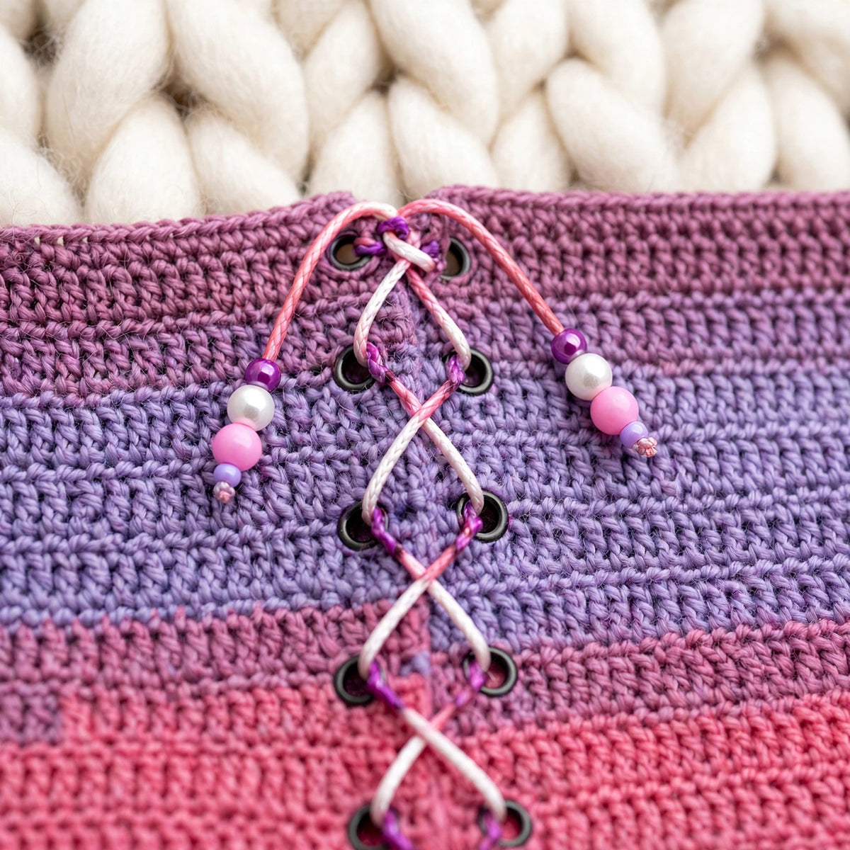 Detalle macro cierre corsé funcional trasero — ojales metálicos y cordón bicolor entrelazado en zigzag con cuentas — Dusk Stripes LIA.G