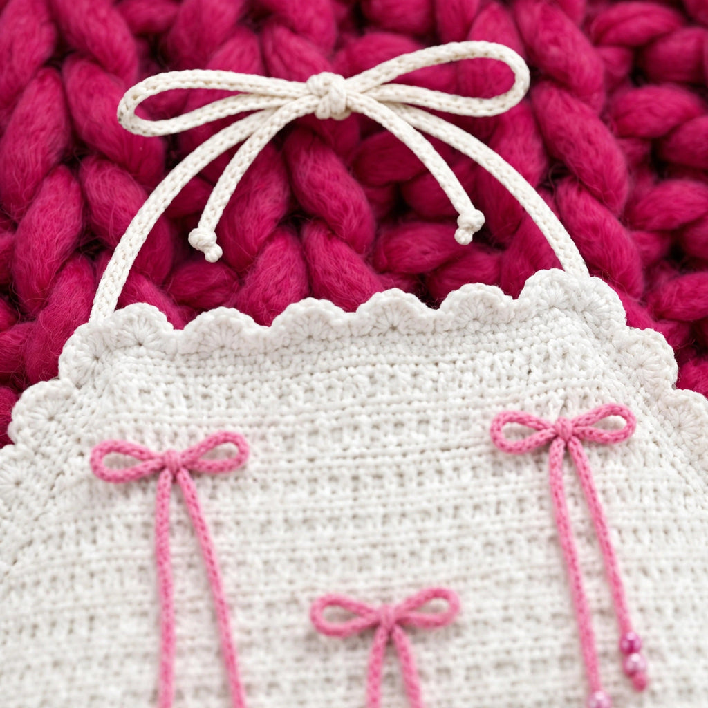 Detalle borde festoneado picot y lazo blanco del cordón halter — Top Crochet Crudo LIA.G
