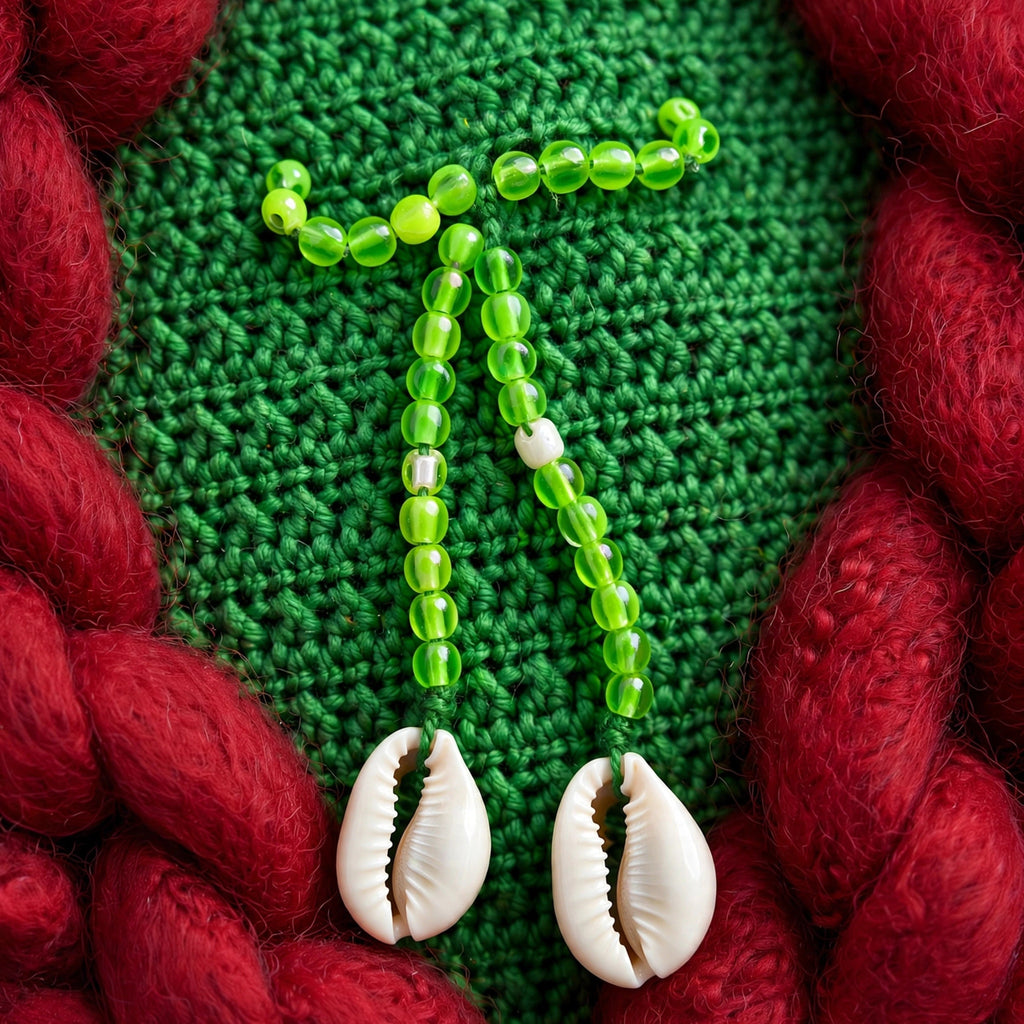Detalle cordón de cuentas verdes con conchas naturales cowrie — Top Crochet Verde LIA.G