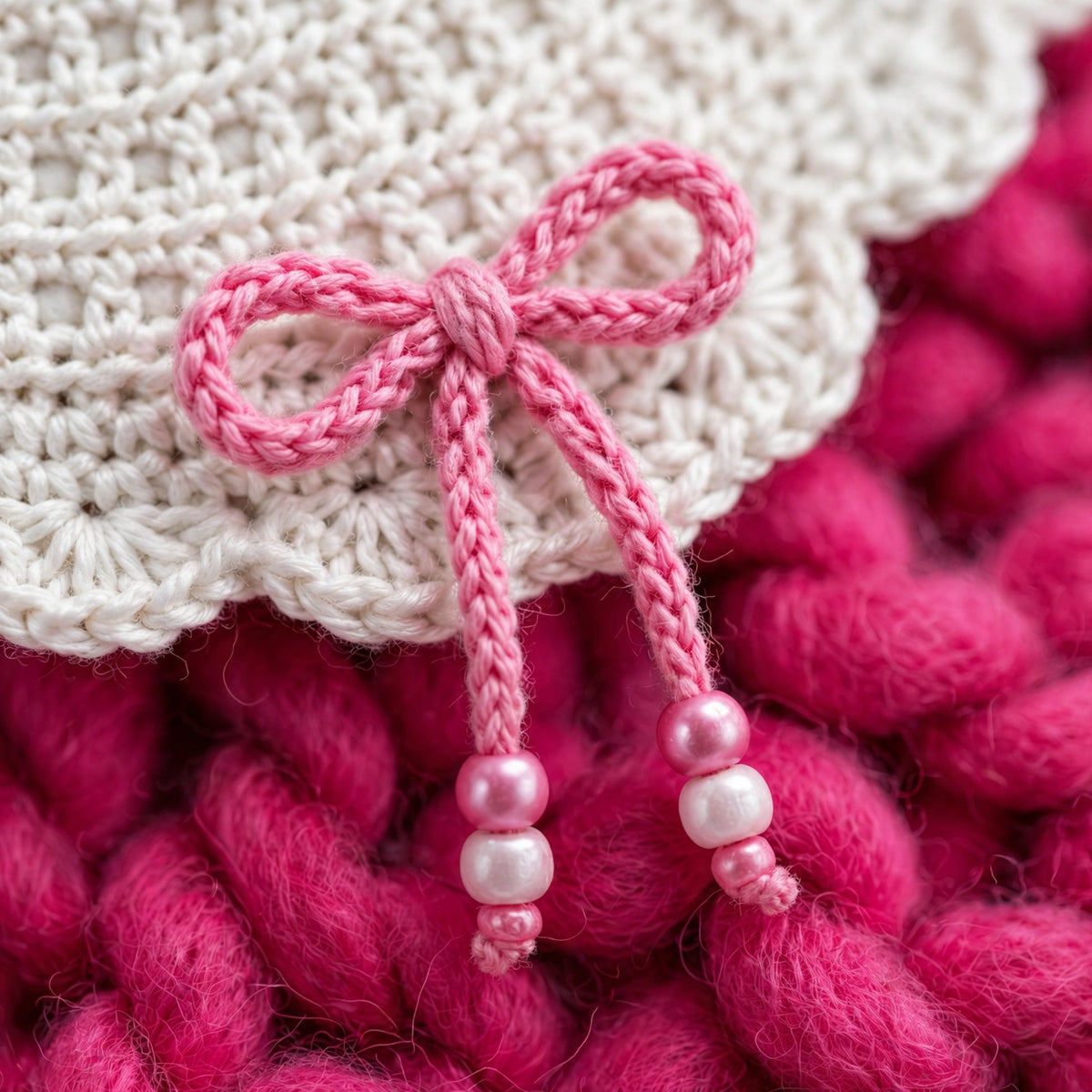 Detalle lazo rosa con cuentas de perla rosa y blanca — Top Crochet Crudo LIA.G