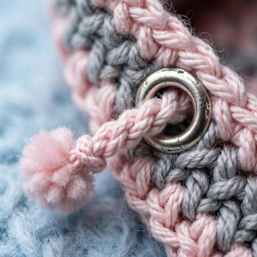 Detalle ojal metálico decorativo plateado en degradado gris/rosa con cordón y mini pompón — Blush Fade Adulto LIA.G