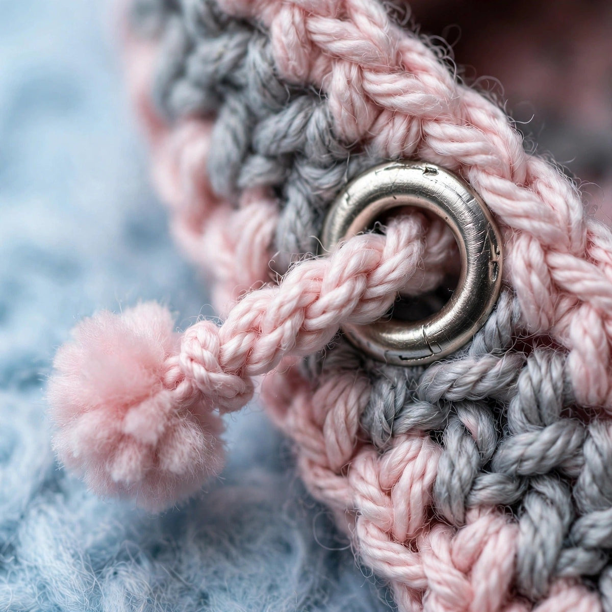 Detalle ojal metálico decorativo plateado en degradado gris/rosa con cordón y mini pompón — Blush Fade Adulto LIA.G