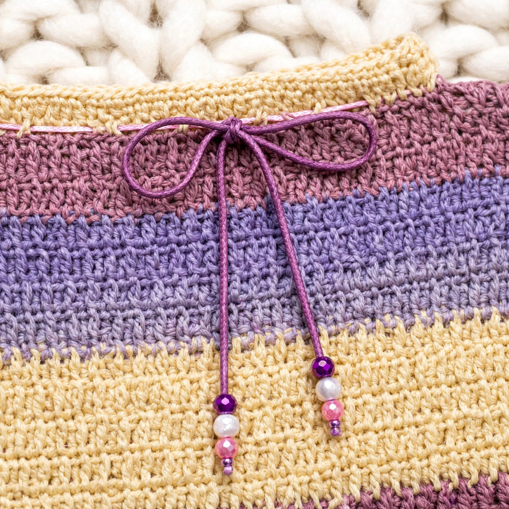 Detalle lazo cordón morado en cuello redondo amarillo mantequilla con cuentas de perla multicolor — Dusk Stripes LIA.G