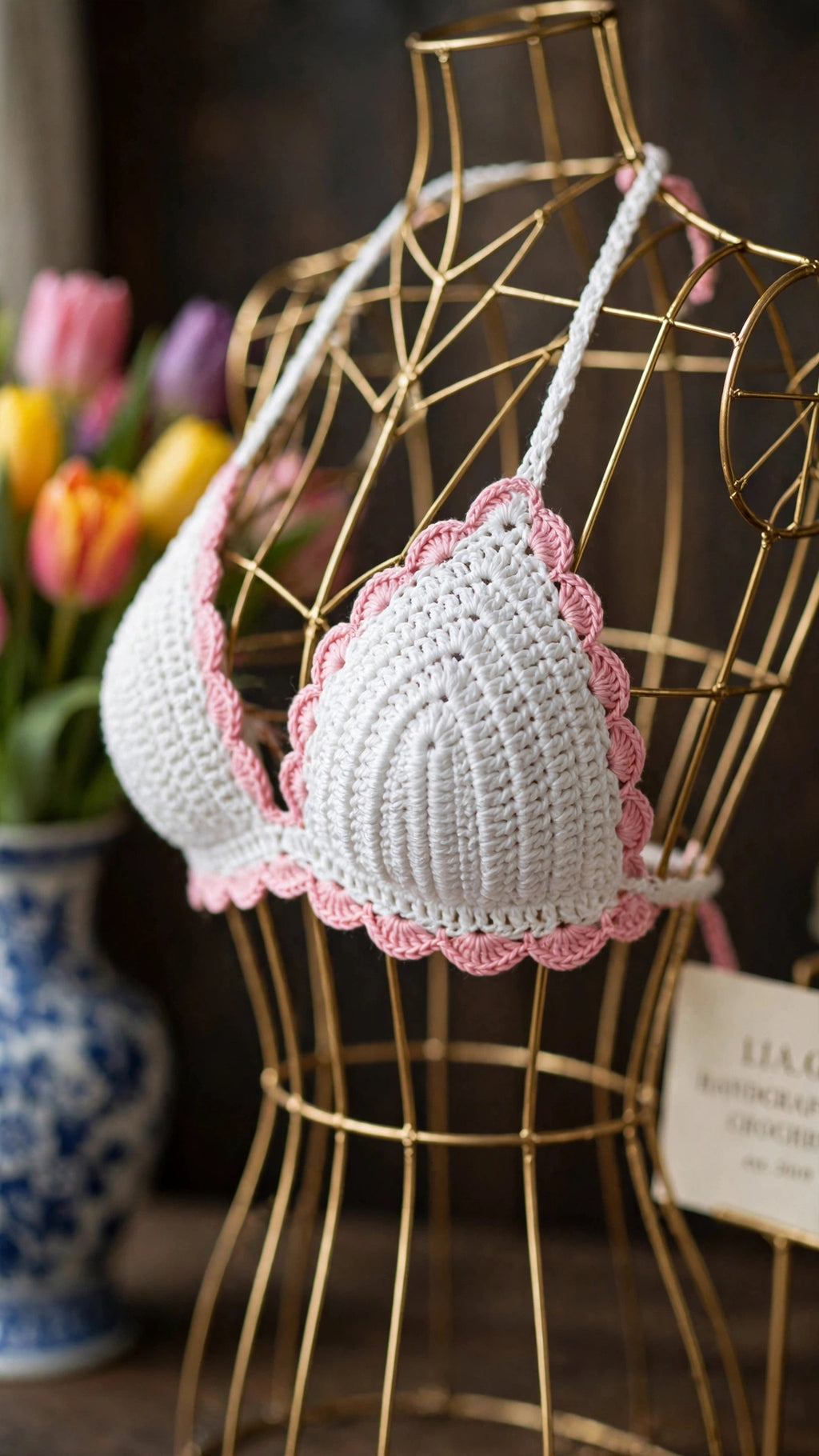Detalle top triangular bikini crochet blanco con festón rosa
