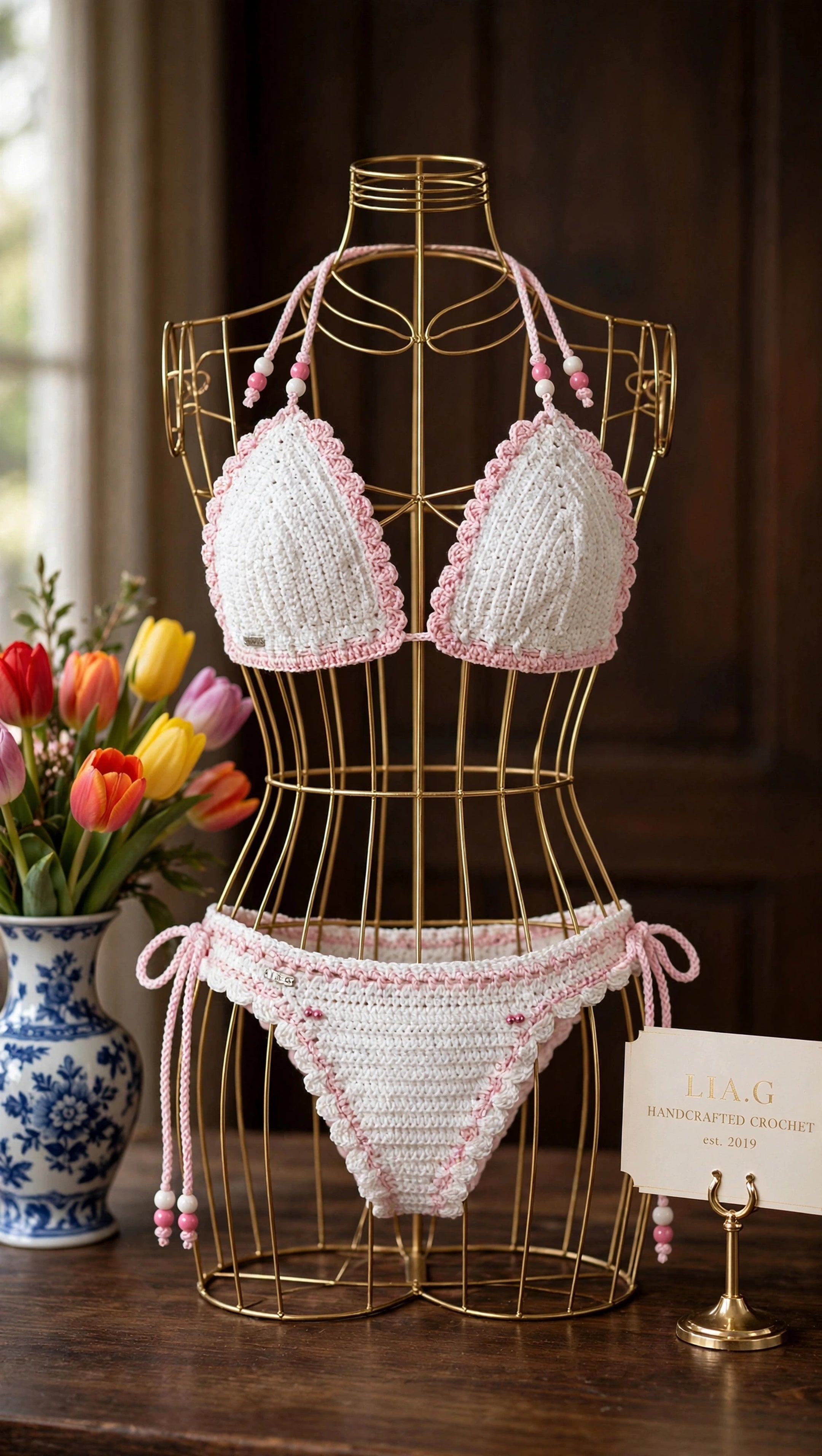 Bikini artesanal crochet blanco y rosa con perlas en maniquí dorado