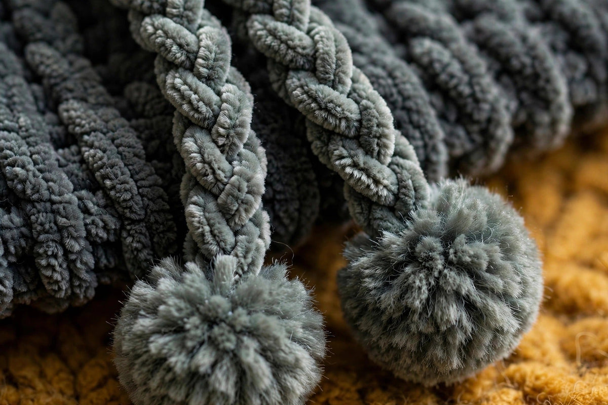 Detalle cordón trenzado chenille gris con 2 pompones grandes en las puntas y cuenta verde de cierre — Slate Forest LIA.G