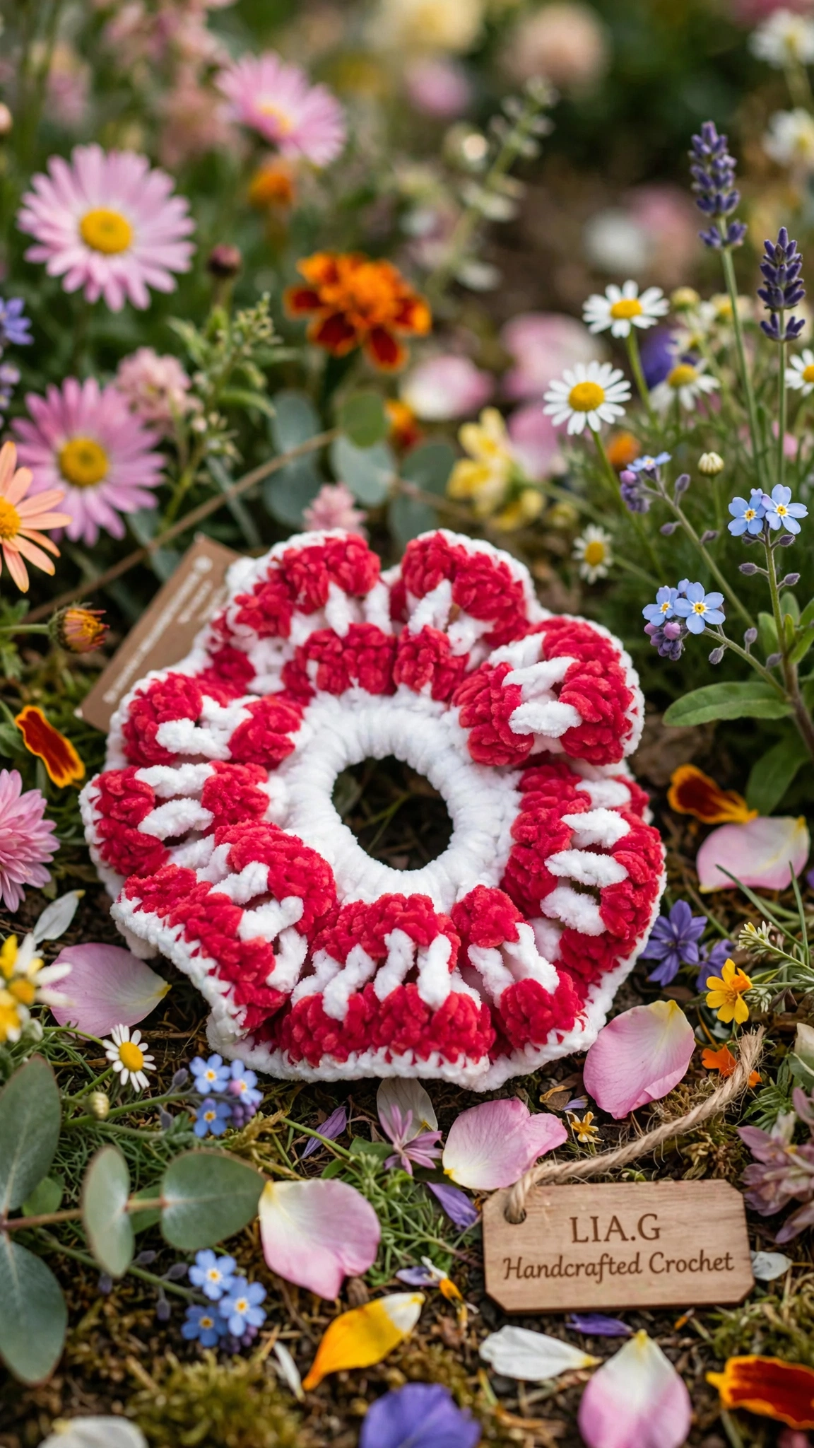 Coletero crochet rojo y blanco sobre flores - LIA.G