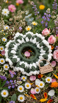 Coletero crochet verde salvia y blanco entre flores - LIA.G