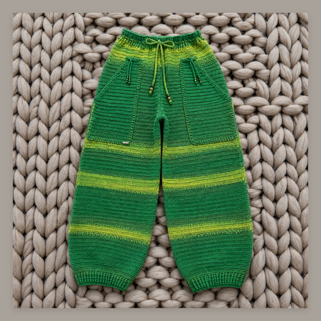 Vista frontal pantalón crochet balloon verde bosque con rayas degradadas verde lima — LIA.G
