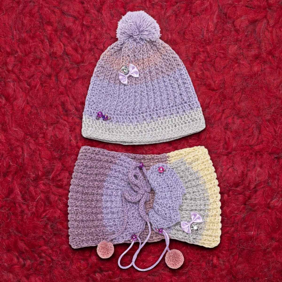 Conjunto completo Lilac Dream — gorro con pompón lila y braga de cuello crochet multicolor lila/rosa/amarillo/gris — LIA.G