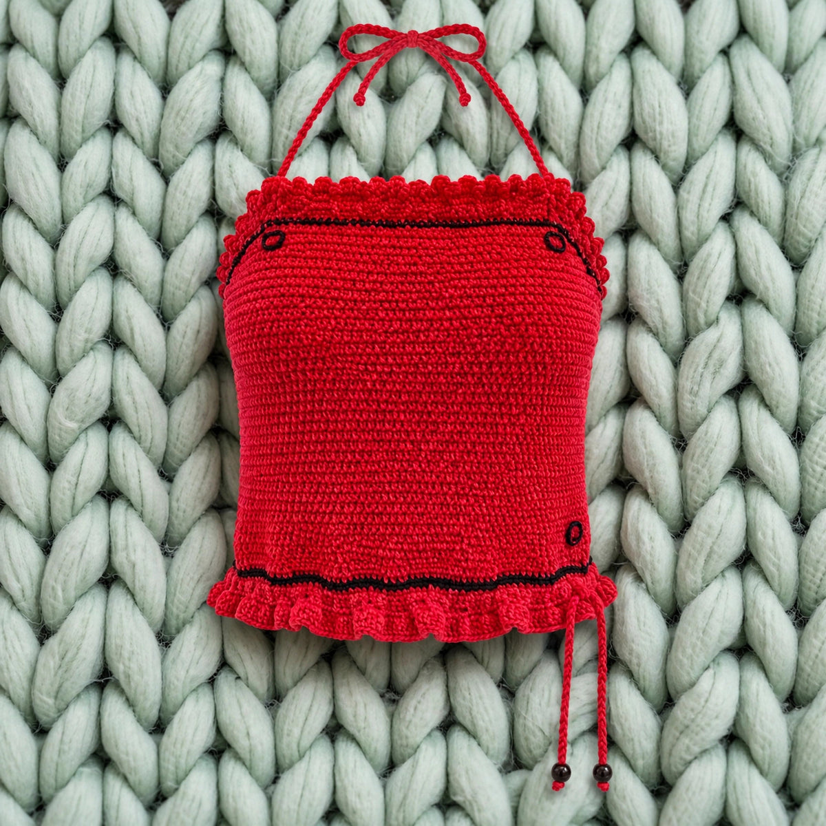 Vista completa top crochet halter rojo con volantes sobre fondo de lana verde menta — LIA.G