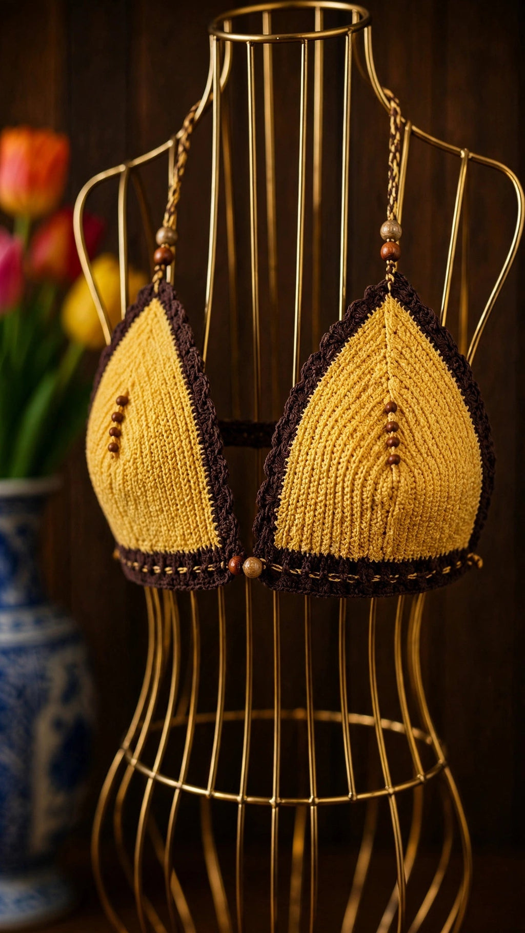 Bikini artesanal crochet amarillo y marrón con cuentas en maniquí dorado vista completa