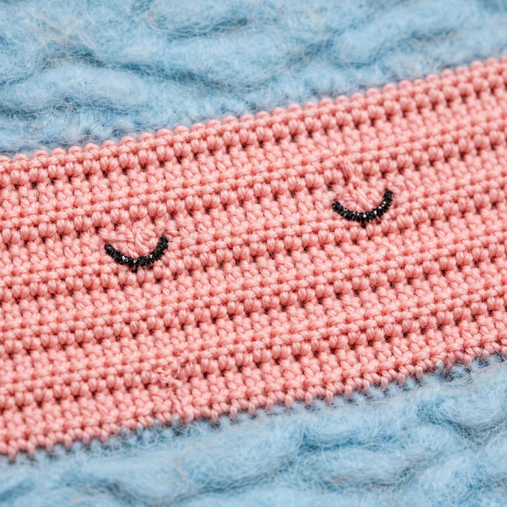 Detalle bordado ojos cerrados carita franja coral blusa crochet Ocaso