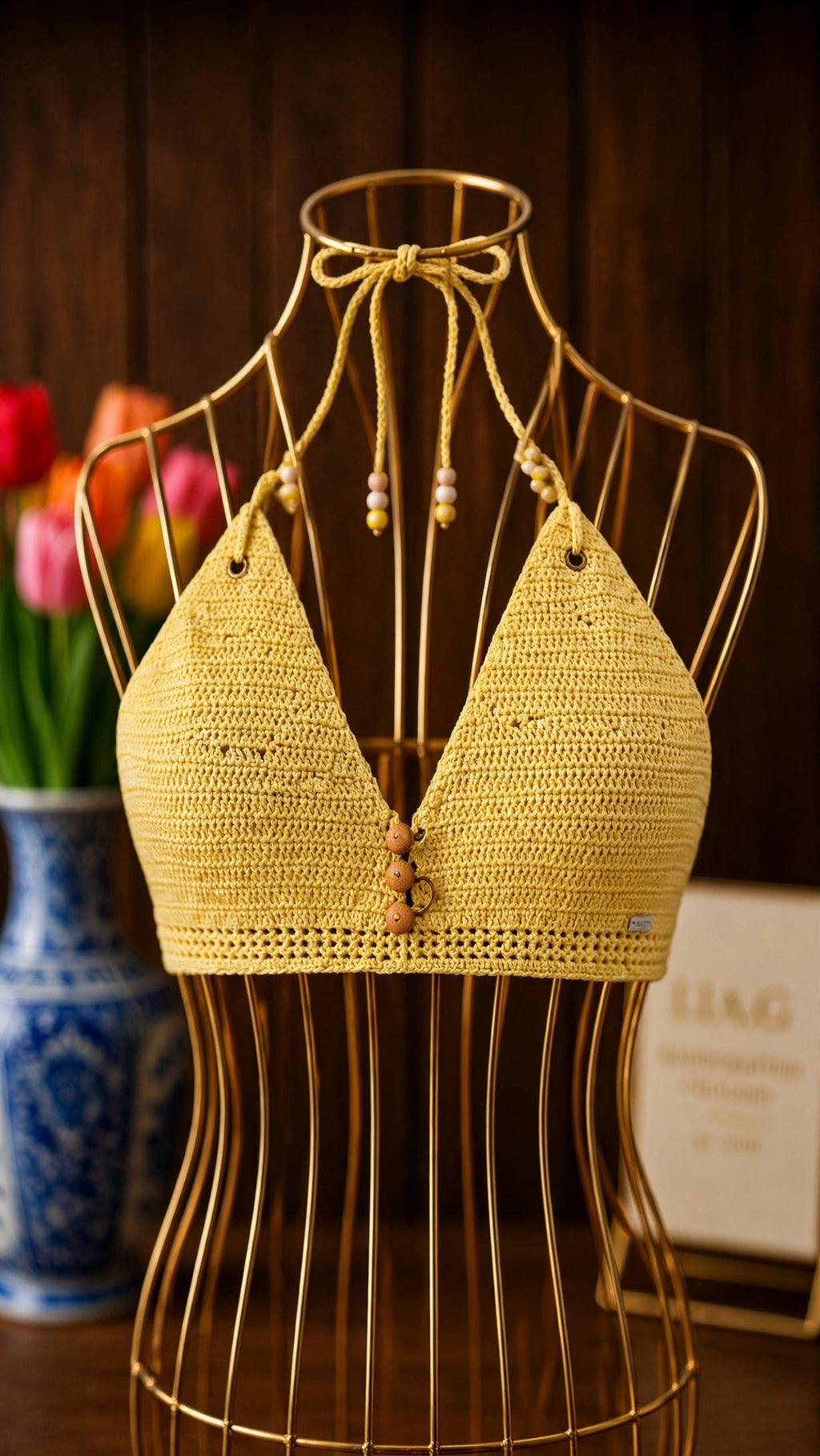 Detalle top triangular bikini crochet amarillo limón con cuentas de madera y cordón halter